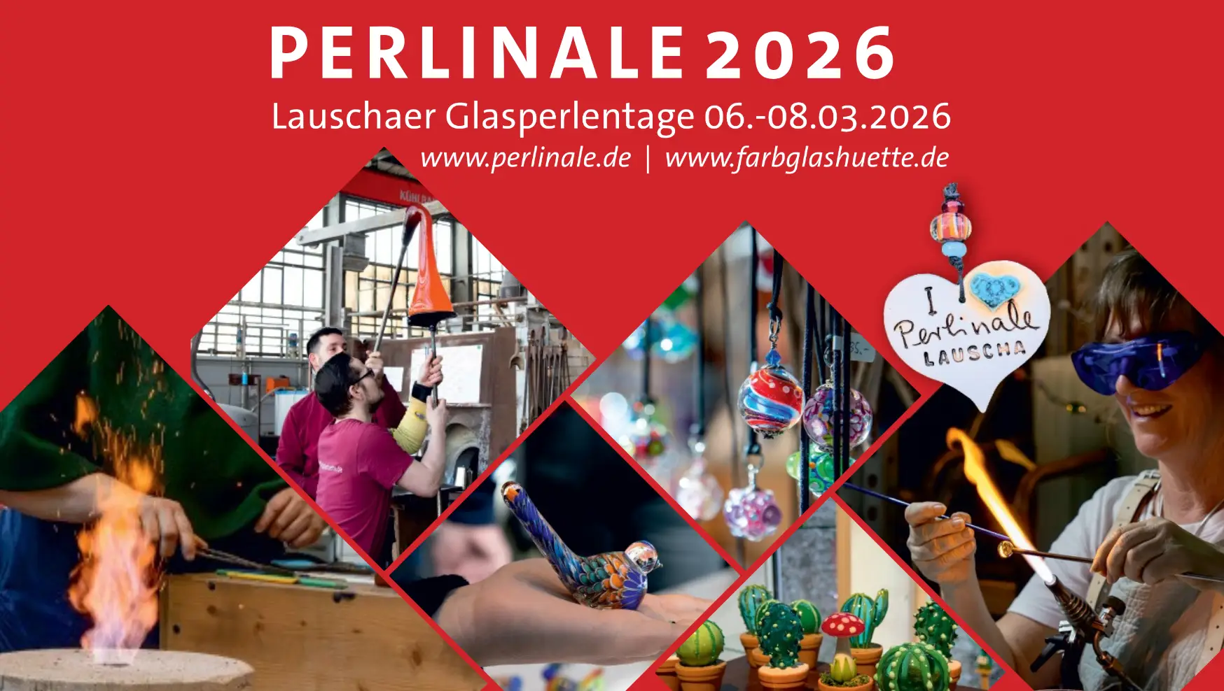 Collage aus verschiedenen Bildern von der Perlinale. Von links nach rechts. Mittelalterliche Perlenfertigung am Lehmofen mit Moinik Müller und Tom Beer. Glasstabziehen – der Glasposten wird zusammengesetzt. Glasvogel. Glasanhänger, Glaskakteen. Glasperlenwickeln mit Jördis Klingbeil.